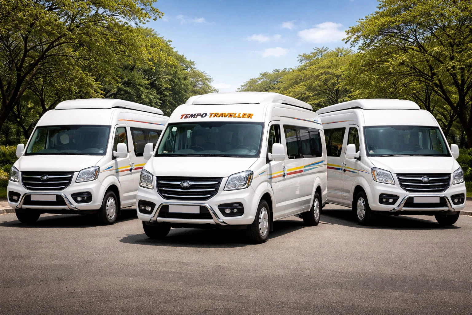 Luxury Tempo Traveller from Van Rental Chennai parked outside a South Indian temple